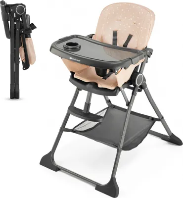 A folded and unfolded baby high chair are shown against a white background.