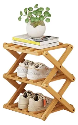 Image de Étagère verticale pour chaussures, en bambou, 3 niveaux, couleur naturelle, dimensions : 260 x 260 x 510 mm
