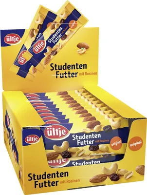 A display box filled with individual packs of ültje Studentenfutter (mixed nuts and raisins).