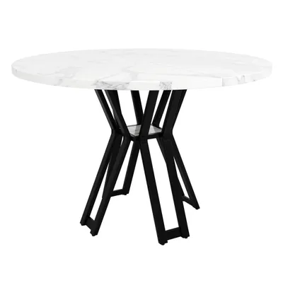 A round dining table with a marble-effect top and black metal legs, presented against a white background.