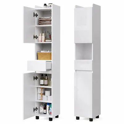 Produktbild von Mondeer Badezimmer Hochschrank Schmaler Standschrank mit verstellbaren Böden, Schublade & offenen Fächern, 30 x 30 x 170cm Weiß