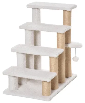 Image de Escalier pour animaux de compagnie avec griffoir et jouet pour chat | Couleur : Blanc | Dimensions : 40x60x64 cm
