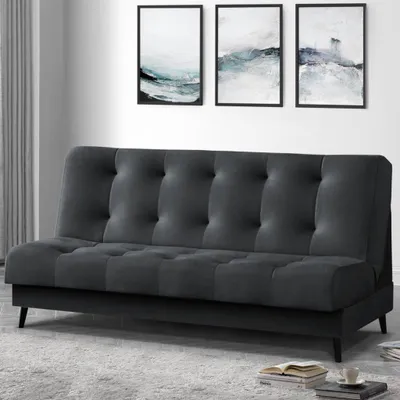 Image de Canapé-lit Nancy Canapé avec fonction sommeil et coffre de rangement Canapé trois places en velours 195 cm avec pieds en bois, tissu : monolith 97 - gris foncé