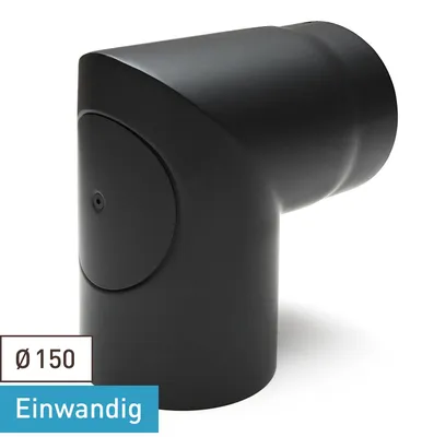 Produktbild von Raik Basic Rauchrohrbogen 150mm schwarz 90° – 2teilig mit Tür geschliffen für Rauchrohr / Ofenrohr