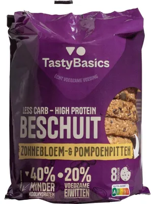 Productafbeelding van Tastybasics Less Carb-high Protein Beschuit Zonnebl/pompoenpit (184 gr)