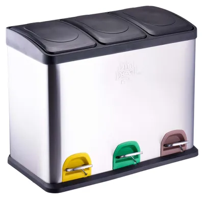 Immagine prodotto di Cestino a pedale Dirt Devil 3 x 15L per la raccolta differenziata con 3 scomparti - Cestino per la cucina - Cestino con coperchio a chiusura morbida - 59 x 30 x 47,5 CM - Cestino a pedale in acciaio inox - Argento