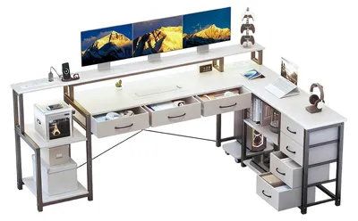 Obrázok produktu pre ZELURXX Počítačový stôl v tvare L so zásuvkami a stojanom na monitor, zásuvkami a USB, LED herný stôl, kancelársky a domáci stôl, biely