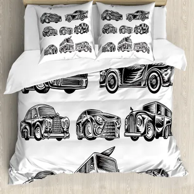 Produktbild von ABAKUHAUS Vintage Trucks Bettbezug Set für Einzelbetten, Retro Classic Cars, Milbensicher Allergiker geeignet mit Kissenbezug, 155 cm x 220 cm - 80 x 80 cm, Charcoal Grau und Weiß