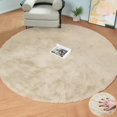 Image de Tapis rond beige en Fourrure artificielle, 150 cm, lavable
