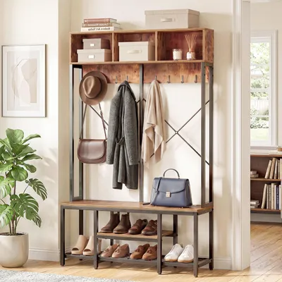 Produktbild von HOKEEPER Garderobe mit Schuhbank & Regal, Kleiderständer mit Haken und Schuhregal, Multifunktionale Flurgarderobe ,120x35x180cm