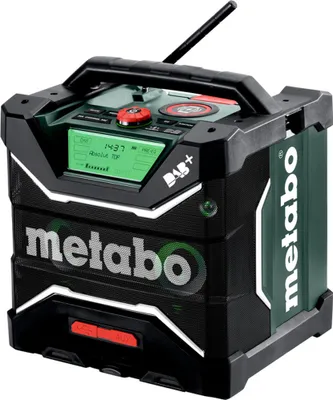 A Metabo Akku-Baustellenradio RC 12-18 32W BT DAB+ is shown against a white background.