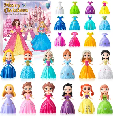 Image de Calendrier de l'Avent pour filles, thème princesses, édition 2025 - 24 jours - Calendrier de Noël avec des figurines de jouets déformables et des vêtements