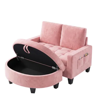 Zdjęcie produktu dla Dwuosobowa sofa z funkcją rozkładania BEALIFE, wymiary 130x72x87 cm | Z pufą z miejscem do przechowywania | Różowa | AR59