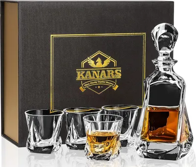 Produktbild von Kristallen Whiskey Dekanter Set 650 ml mit Whiskygläsern - für Martini, Scotch, Cocktails - Cognac, Whisky, Wodka - Set von 5 Stück