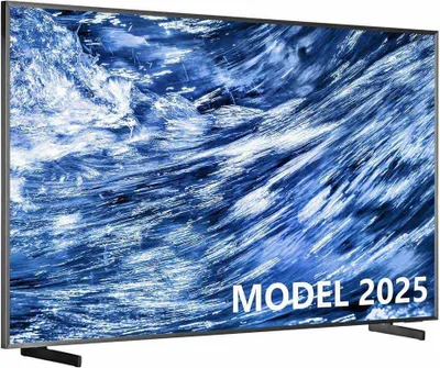 A television screen displaying a dynamic blue and white abstract image with the text "MODEL 2025" overlaid.