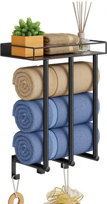Productafbeelding van Ibenzoa® Geometrische wandhanddoekhouder van metaal – 3 stangen, zwart, ruimtebesparend voor kleine badkamers