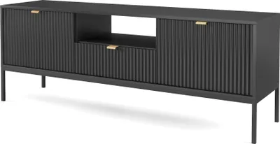 Obrázek produktu pro Televizní stolek 150 cm Galla - dvoudveřový televizní stolek se zásuvkami - nohy, rýhovaná čela a zlaté úchyty (černá + černá)