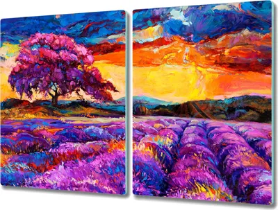 Produktbild von Coloray Hackbrett Kochplattenabdeckung Herdabdeckplatte 2x40x52 cm Schneidebrett Küchenbrett - Wiese Baum Sonnenuntergang