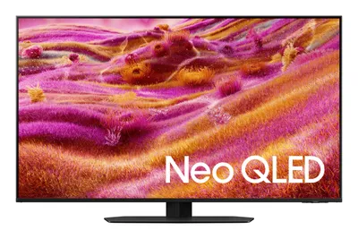 A Samsung Neo QLED television is displayed on a black stand against a black background.