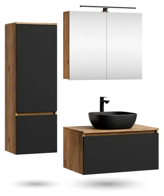 Produktbild von ARISA Badmöbel Set inkl. Hochschrank in Schwarz - Mit Spiegelschrank "ARIA" und schwarzem Keramik-Aufsatzwaschbecken 42 cm