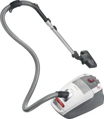 A vacuum cleaner and its hose are shown against a white background.