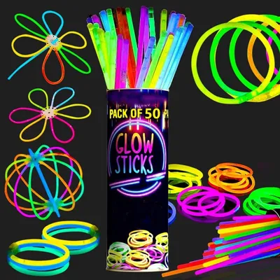 Produktbild von 50er Set Leuchtstäbe bunt mit Armband- und Ball-Connectors, Neon Partylicht Sticks, wasserfest, ungiftig, langlebig, Knicklicht für Kinder & Erwachsen