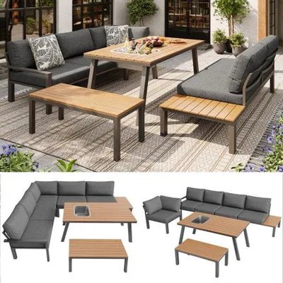 Produktbild von Gartenmöbelset für 6-7 Personen, geeignet für Garten, Balkon, Terrasse, wetterbeständige Sitzgruppe, Essgruppe, modernes Gartenmöbelset, galvanisiertes Stahlrahmen, Tischplatte mit Eisengriff