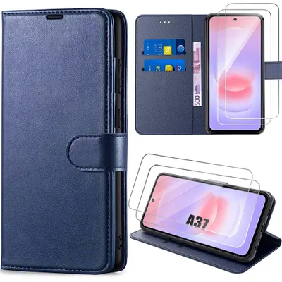 Image de Coque + 2 Verres Trempés pour Samsung Galaxy A37 5G, Protection Anti-Rayures Synthécuir Bleu Marine