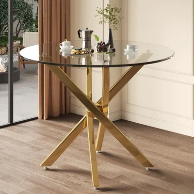 Produktbild von okwish Runder Esstisch mit vergoldeten Tischbeinen, Küchentisch mit Glasplatte,Moderner Stil, Beistelltisch Gold+Glas