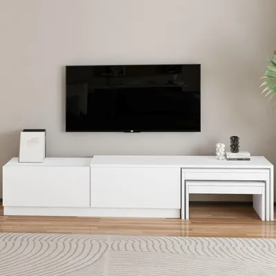 Produktbild von Skye Decor, Hochwertiger TV-Ständer, 180 x 36 x 30 cm, 100% melaminbeschichtete Spanplatte, 18 mm dick, Wandmontage möglich, Weiß | Ideal für modernes Wohnen, elegant und funktional.