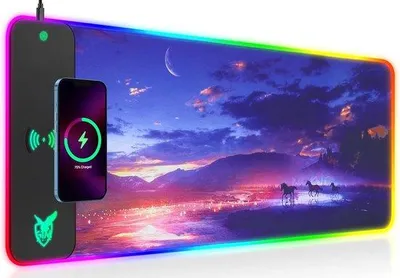 Image de Tapis de souris gaming RGB Unyqoos® XXL, dimensions 800 x 300 x 4 mm – 10 modes d'éclairage, zone de charge Qi intégrée de 10W, connexion USB plug & play, surface résistante à l'eau