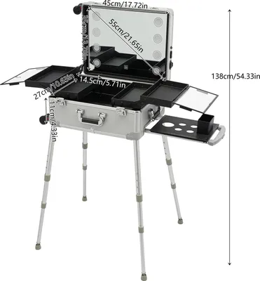 Immagine prodotto di Valigetta per il trucco con specchio - Trolley per cosmetici con 8 luci a LED - Chiudibile a chiave, su ruote - Gambe regolabili in altezza da 39 a 85 cm - Funzione di ricarica USB - Colore argento