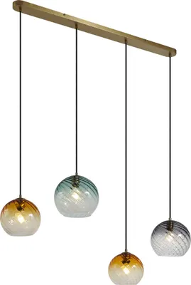 Produktbild von QAZQA - Art Deco Bronzefarbene Hängelampe I Pendellampe I Pendelleuchte mit Rauch-, Bernstein- und Grünfarbenem Glas Rechteckig 4-flammig - Bao I Wohnzimmer I Schlafzimmer - Stahl Rund I Kugel I Kugel