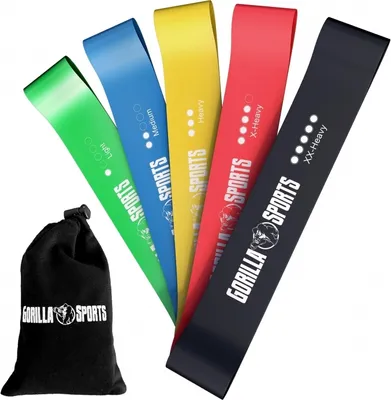 A set of five colored fitness resistance bands and a black carrying bag, laid out on a white background.