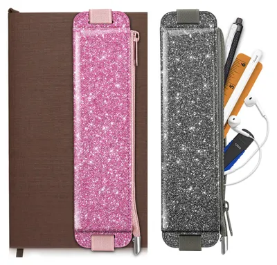 Produktbild von 2-teiliges Federmäppchen-Set, Federmäppchen aus PolyurethanMaterial mit Gummiband, Reißverschlussetui für Planer, Notizbuch, Schulmaterial, Tablet, glitzernd rosa und grau