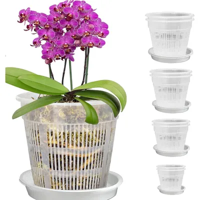 Produktbild von Orchideentöpfe transparent,8 Stück Pflanztopf Set, Kunststoff Blumentöpfe mit Ablauf und Tablett, Anzuchttopf-Set in 4 Größen