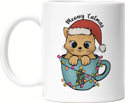 Produktbild von Meowy Catmas Tasse Weiß Geschenkidee Katzen-Fans Süßes Motiv für Weihnachten für Katzenmamas und Katzenpapas
