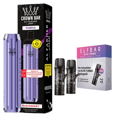 Obrázek produktu pro Al Fakher Crown Bar 600 Pod Kit fialový – 500 mAh mod včetně 2 prázdných podů 0,8 ohmu, USB-C, 2ml pod systém, DTL a MTL, dobíjecí, bez e-liquidu