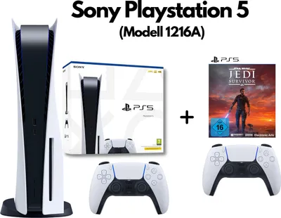 A collage of a Sony Playstation 5 console, its box, two controllers, and a game case.