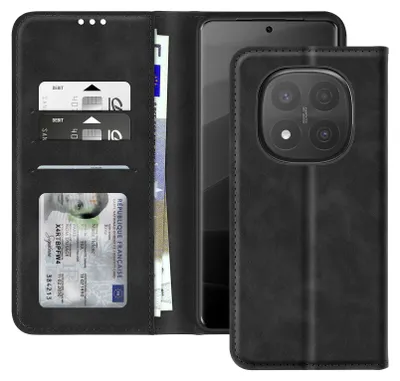 A black wallet-style phone case with a phone inside, showing card slots and cash.