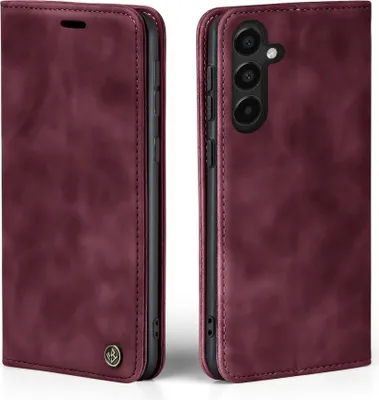 A burgundy flip case for a smartphone is shown from two angles.
