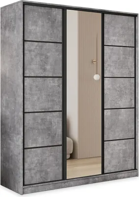 Produktbild von Masseno Schiebetürenschrank PINA 160/205/58 cm Kleiderschrank mit 4 Schubladen Schlafzimmer Schrank 3-türig mit Spiegel Titanfarben