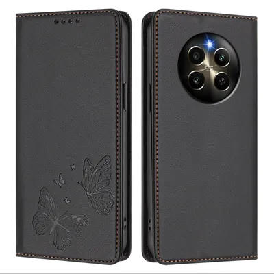 Produktbild von Lederhülle für Realme 12 Pro/Realme 12 Pro+, Schmetterling Prägung Leder Brieftasche Schutzhülle mit Ständer Schwarz
