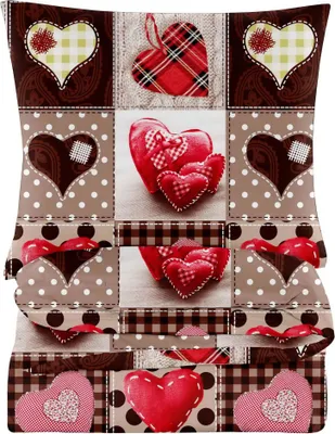 A collage of fabric squares, each featuring a heart design, arranged in a grid pattern.