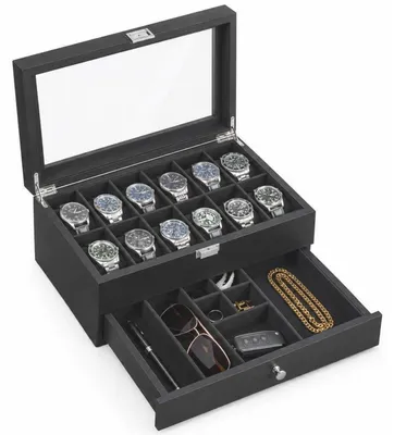 Image de Boîte à montres avec 12 compartiments et couvercle en verre, noire