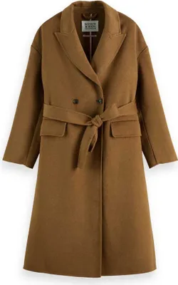 A brown women's coat is shown against a white background.