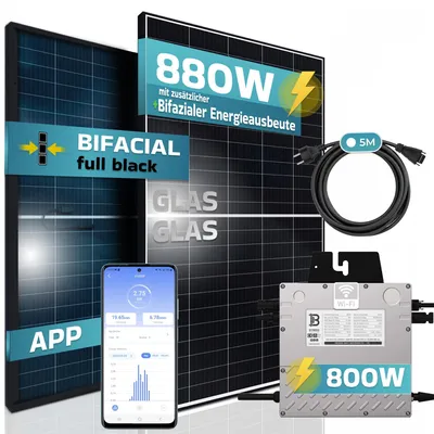 Produktbild von SUNNIVA® Balkonkraftwerk Black Frame BIFACIAL 880/800W Solaranlage, mit Beny Micro Wechselrichter, 5m Kabel