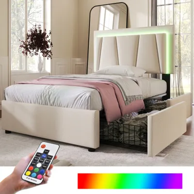Produktbild von Polsterbett mit LED-Beleuchtung und 2 Schubladen,Höhenverstellbarem Kopfteil,Einzelbett 90x200cm Stauraumbetten Bettgestell(Ohne Matratze)
