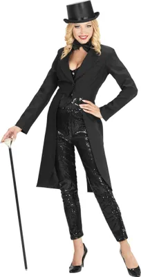 A woman in a black tuxedo costume holding a cane.