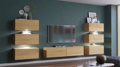 Produktbild von Furnitech Wohnwand Wohnzimmer - Wohnzimmer Möbel mit LED Weiß - Hängend Wohnwand Modern - Wohnzimmer Schrankwand(Henri AN72-19D-M12-1C - 362cm)
